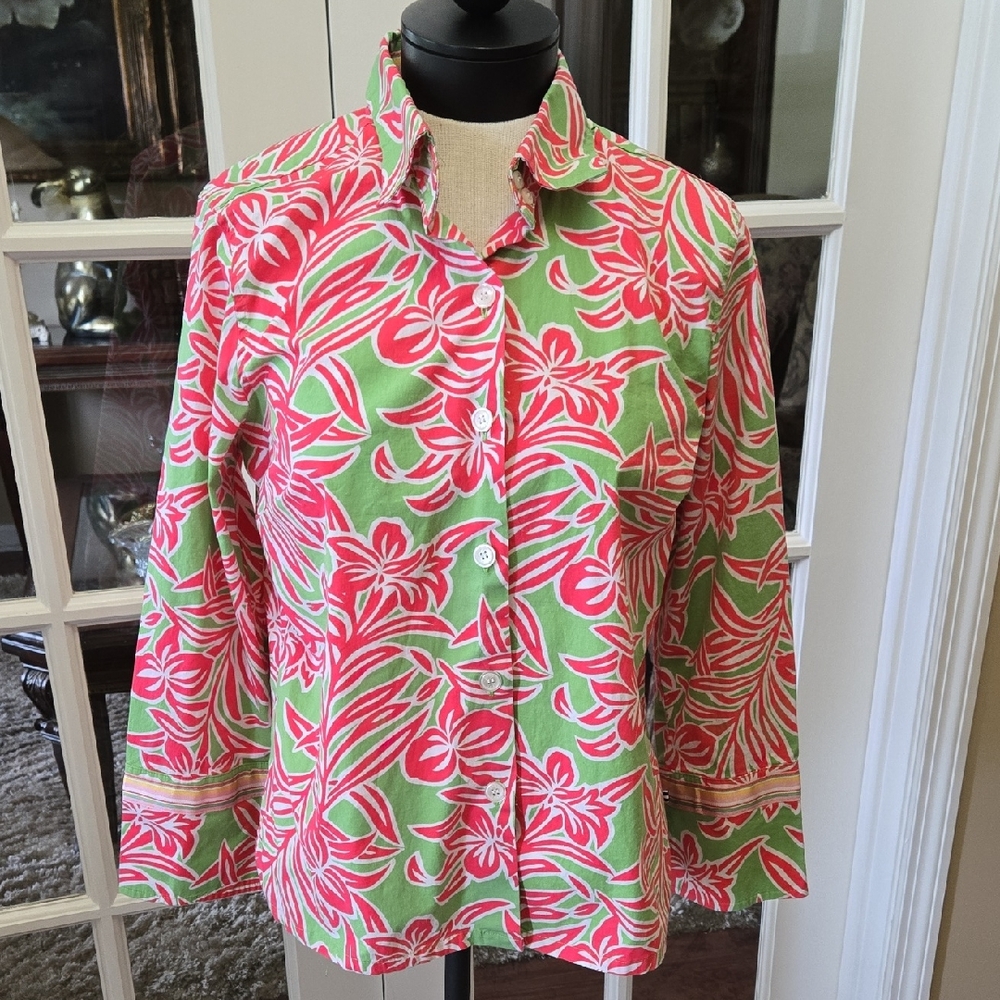 Izod Hot Pink Lime Green Long Sleeve Shirt Grisgrain Ribbon Trim Stretch L EUC